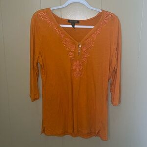 Lauren Ralph Lauren Orange V-Neck Embroidery Cotton Blouse 3/4 Sleeve Size M